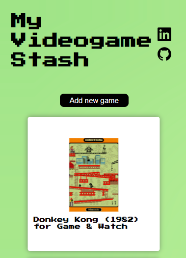 Image 1: Screen with title and links to socials, button to add a new game and visualization of the first card of the games.